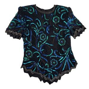 Vintage Laurence Kazar Beaded Silk Black And Blue Shirt Size Extra Small - Small